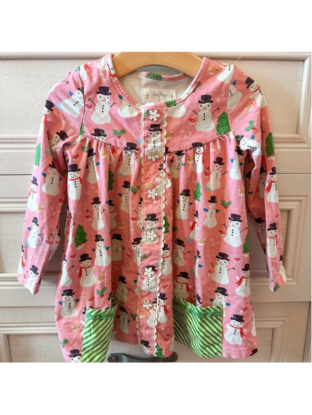 Sweet Honey pink snowman dress with green pockets, size 4T #kids #sleepwear